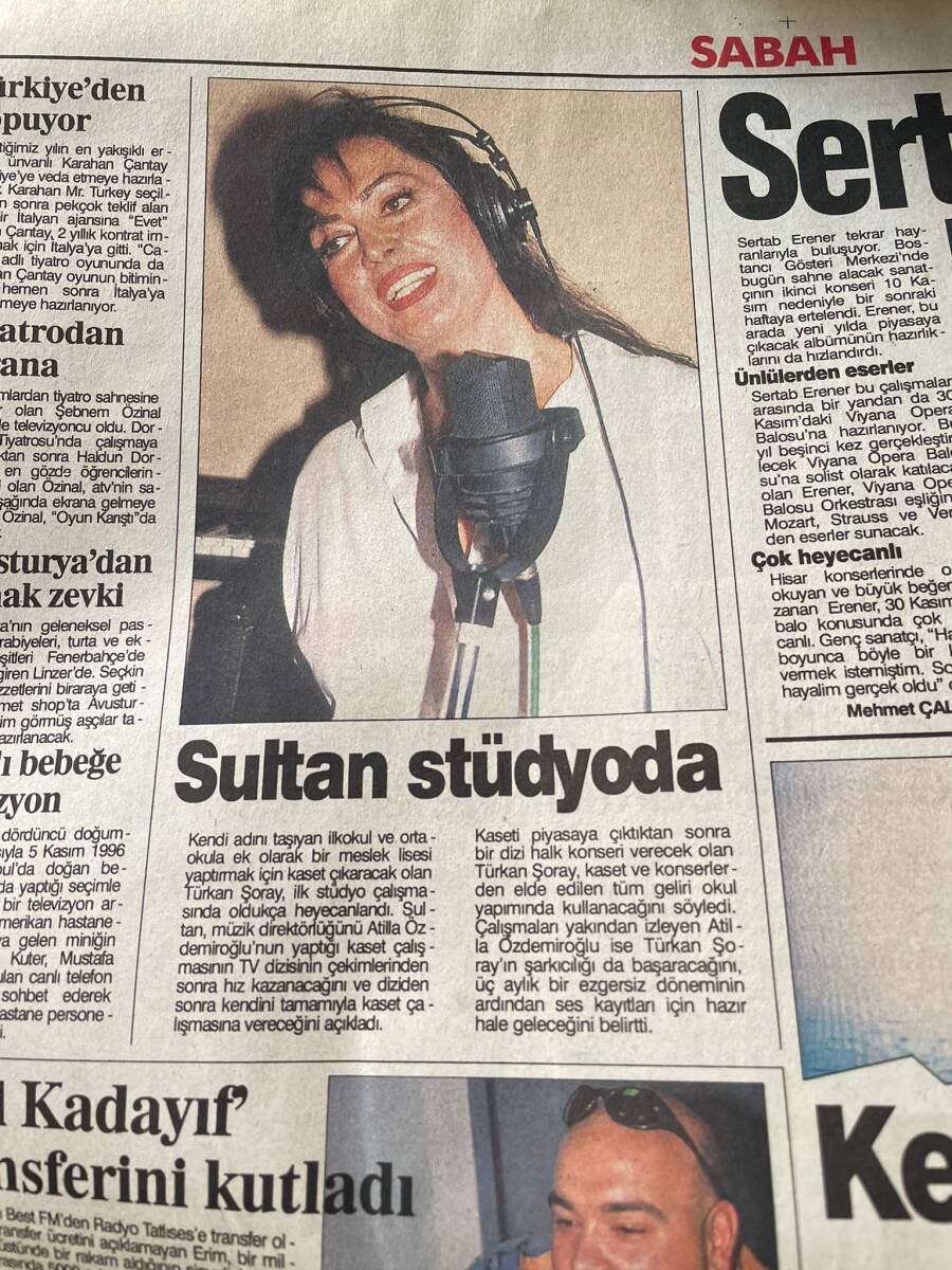 Sabah Gazetesi 9 Kasım 1996 - Sultan Türkan Şoray Stüdyoda - Zeki Müren İlk Vasiyetinde Tüm Mal Varlığını TEV'e Bırakmış GZ147863 - 2