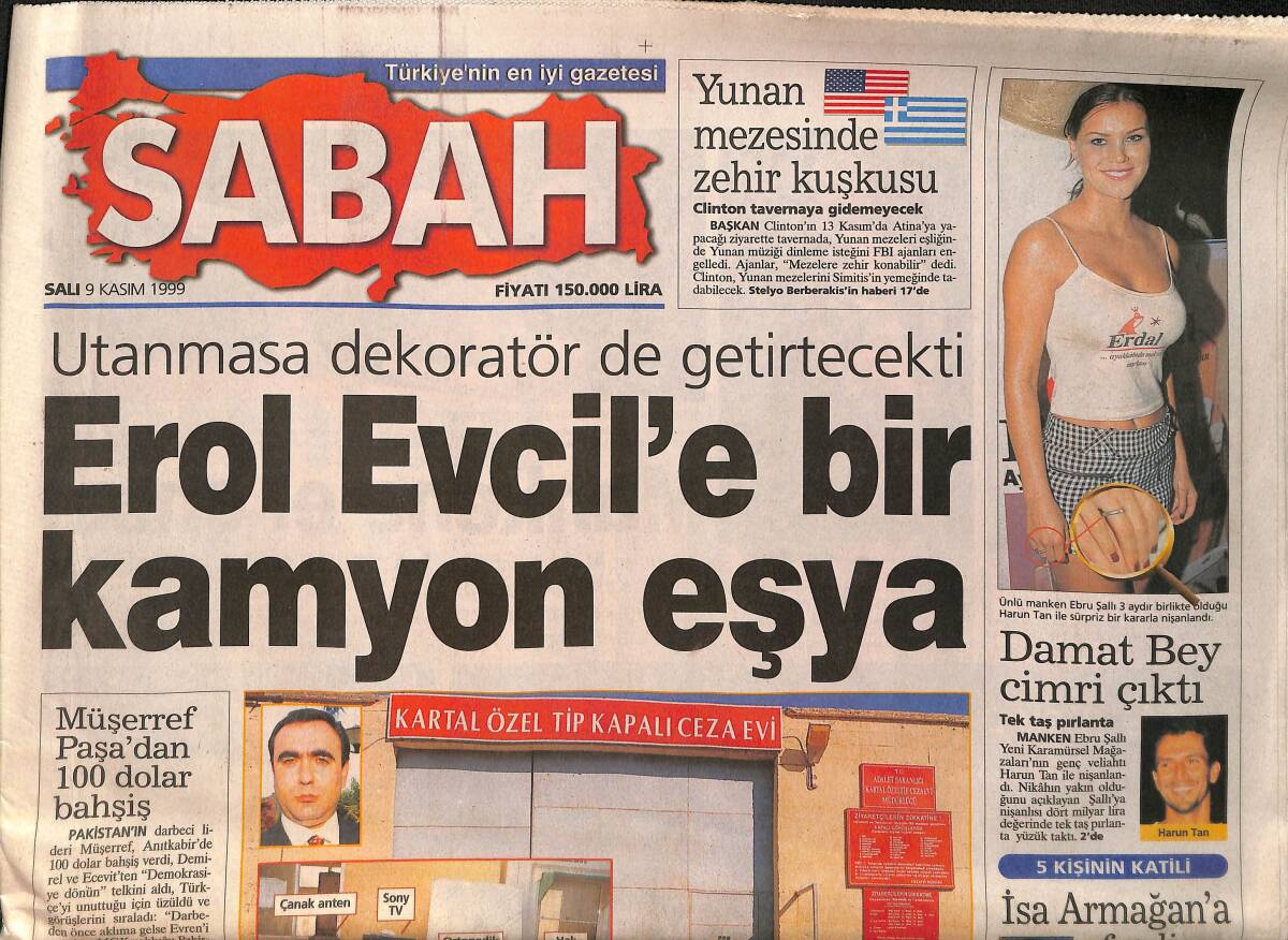 Sabah Gazetesi 9 Kasım 1999 - Ebru Şallı Sürpriz Bir Kararla Nişanlandı - Danimarka'da Türk İsyanı GZ158114 - 1