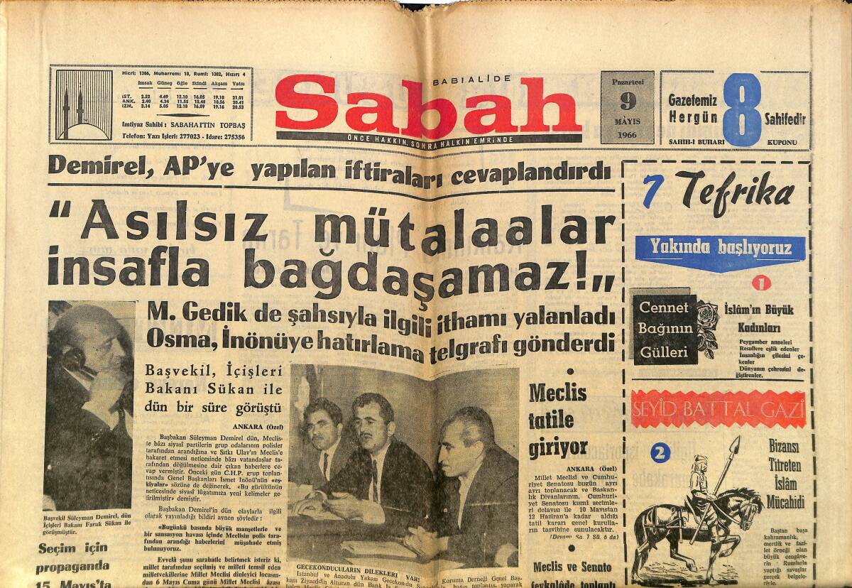 Sabah Gazetesi 9 Mayıs 1966 - TRT'ye Dur Denmeyecek Mi - Mevlüt Yılmaz'a Tebrik Telgrafları Yağıyor GZ149956 - 1