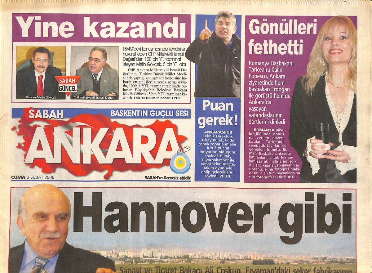 Sabah Gazetesi Ankara Eki 3 Şubat 2006 - Romanya Başbakanı Tariceanu Calin Gönülleri Fethetti - Ankaraspor Taraftara Seslendi GZ137788 - 1