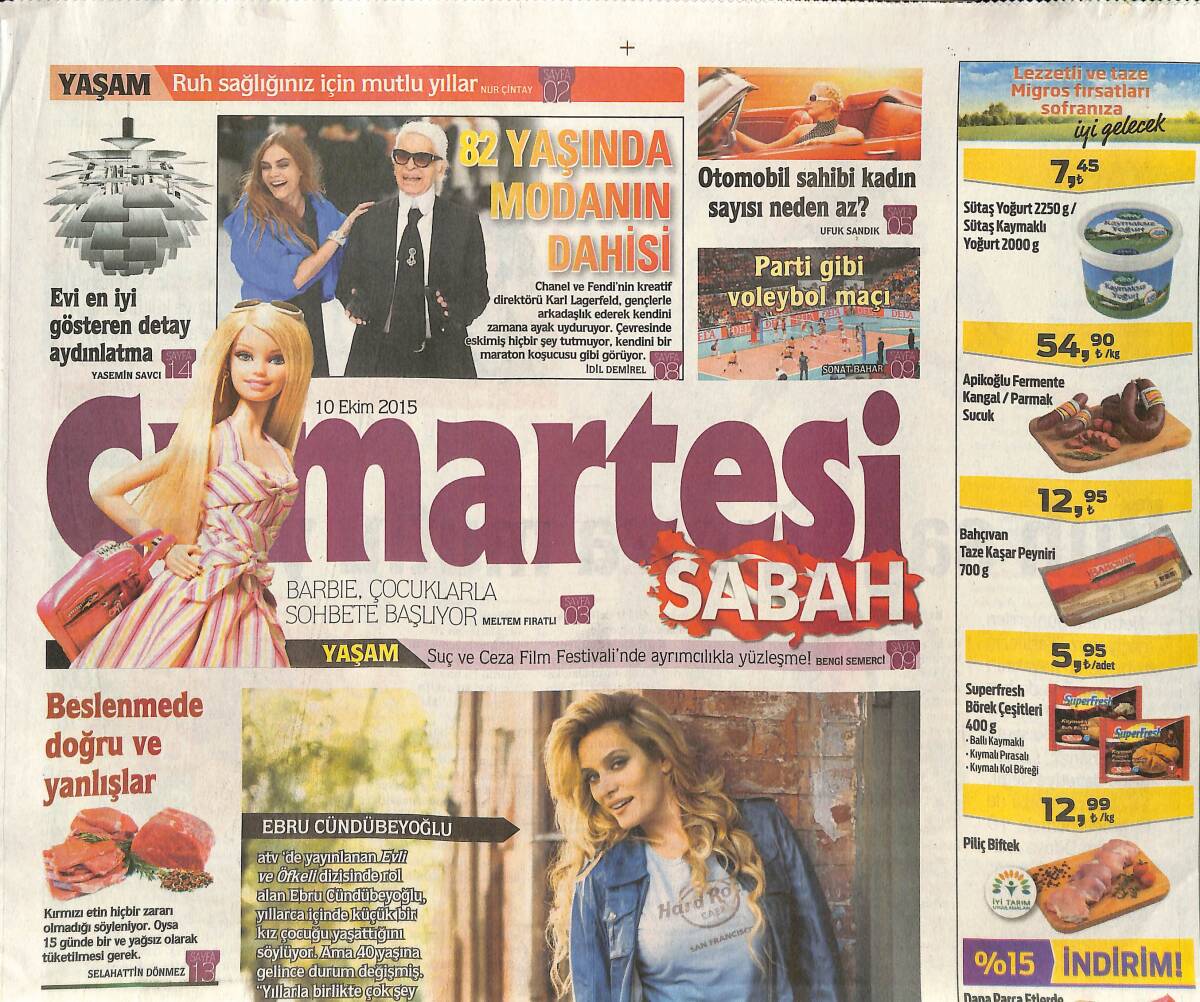 Sabah Gazetesi Cumartesi Eki 10 Ekim 2015 - 82 Yaşında Modanın Dahisi Karl Legerferd - İstanbul'da Engelsiz Moda GZ135932 - 1