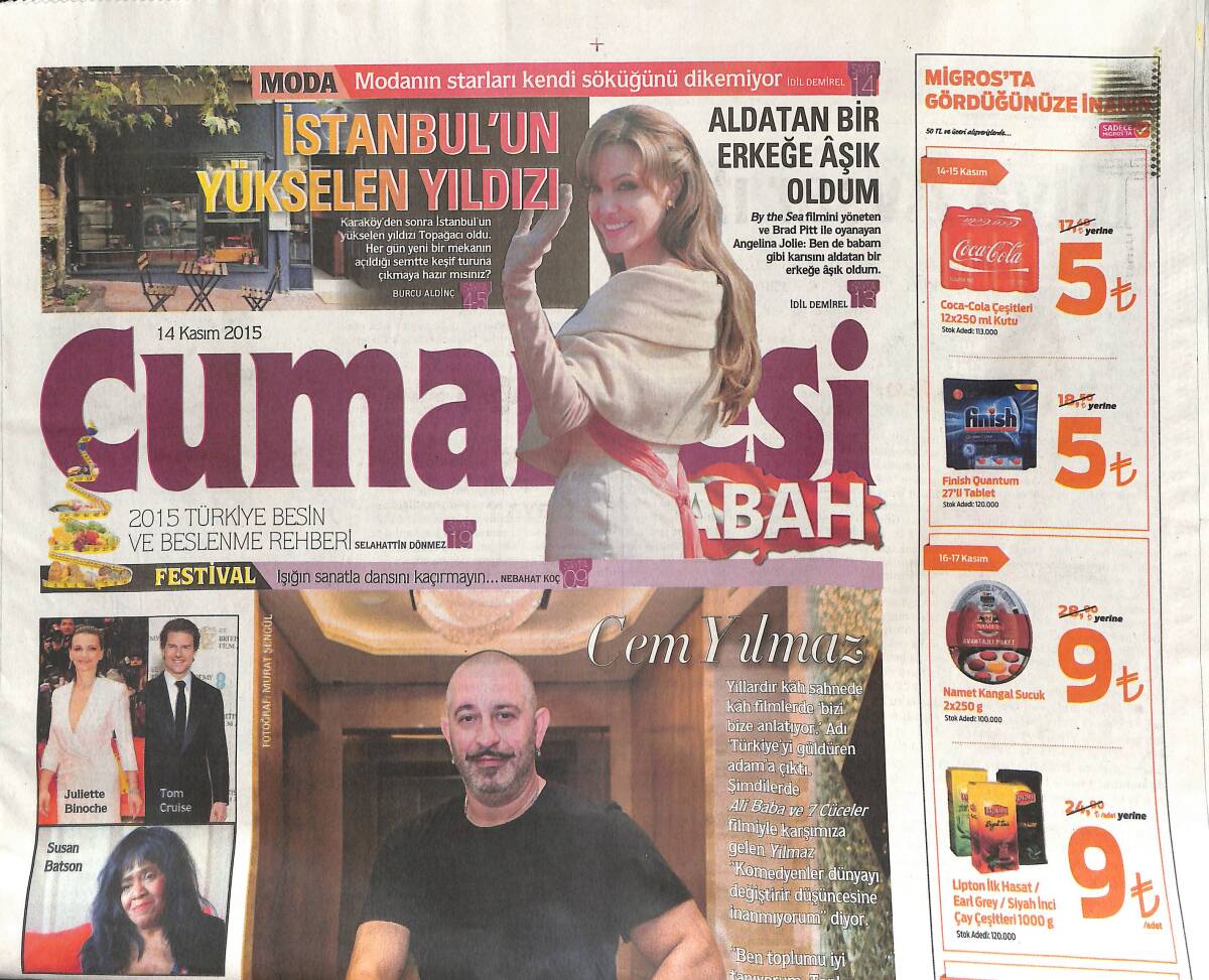 Sabah Gazetesi Cumartesi Eki 14 Kasım 2015 - Angelina Jolie: Aldatan Bir Erkeğe Aşık Oldum - James Bond Aranıyor GZ136712 - 1