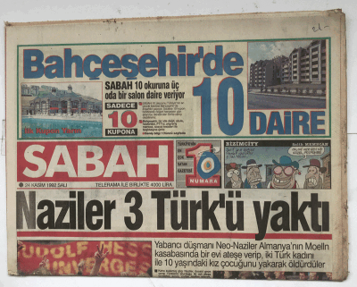 Sabah Gazetesi Ekonomi Eki İle 24 Kasım 1992 - Naziler 3 Türkü Taktı GZ5504 - 2