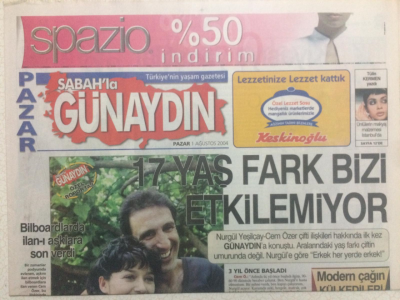 Sabah Gazetesi Günaydın Eki 1 Ağustos 2004 - Nurgül Yeşilçay,Cem Özer17 Yaş Fark Bizi Etkilemiyor GZ24205 - 1