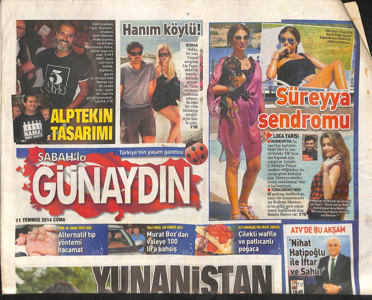 Sabah Gazetesi Günaydın Eki 11 Temmuz 2014 - Murat Boz'dan Valeye 100 Lira Bahşiş GZ159829 - 1