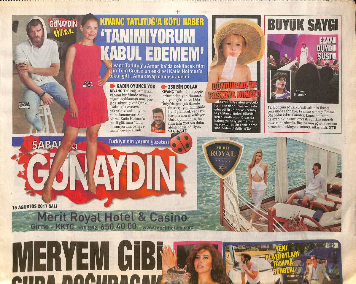 Sabah Gazetesi Günaydın Eki 16 Ağustos 2017 - Kıvanç Tatlıtuğ'a Kötü Haber - Volkan Demirel, Zeynep Demirel Modaya Uydu GZ154196 - 1