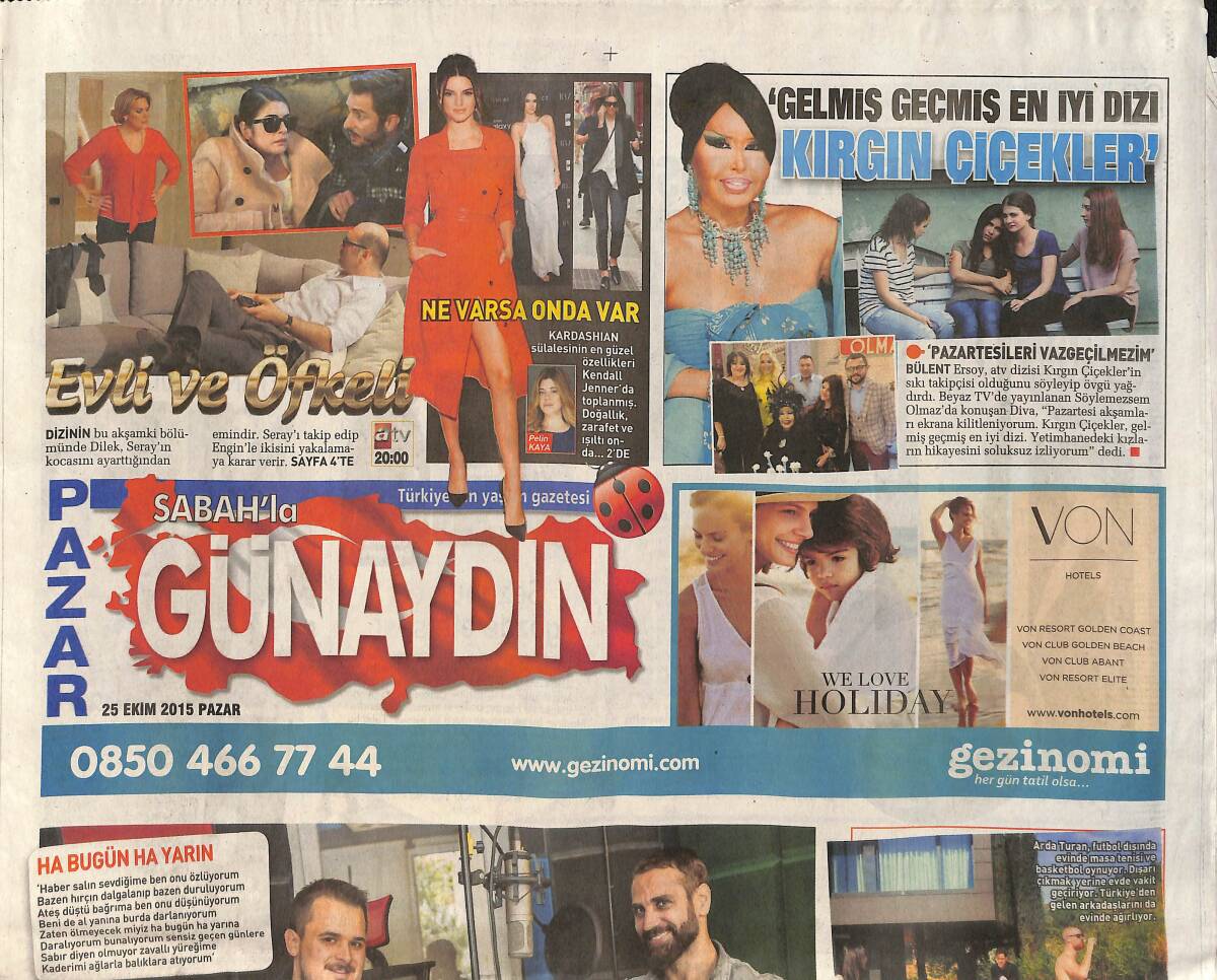 Sabah Gazetesi Günaydın Eki 25 Ekim 2015 - Bülent Ersoy 'Kırgın Çiçekler' Vazgeçilmezim GZ159975 - 1