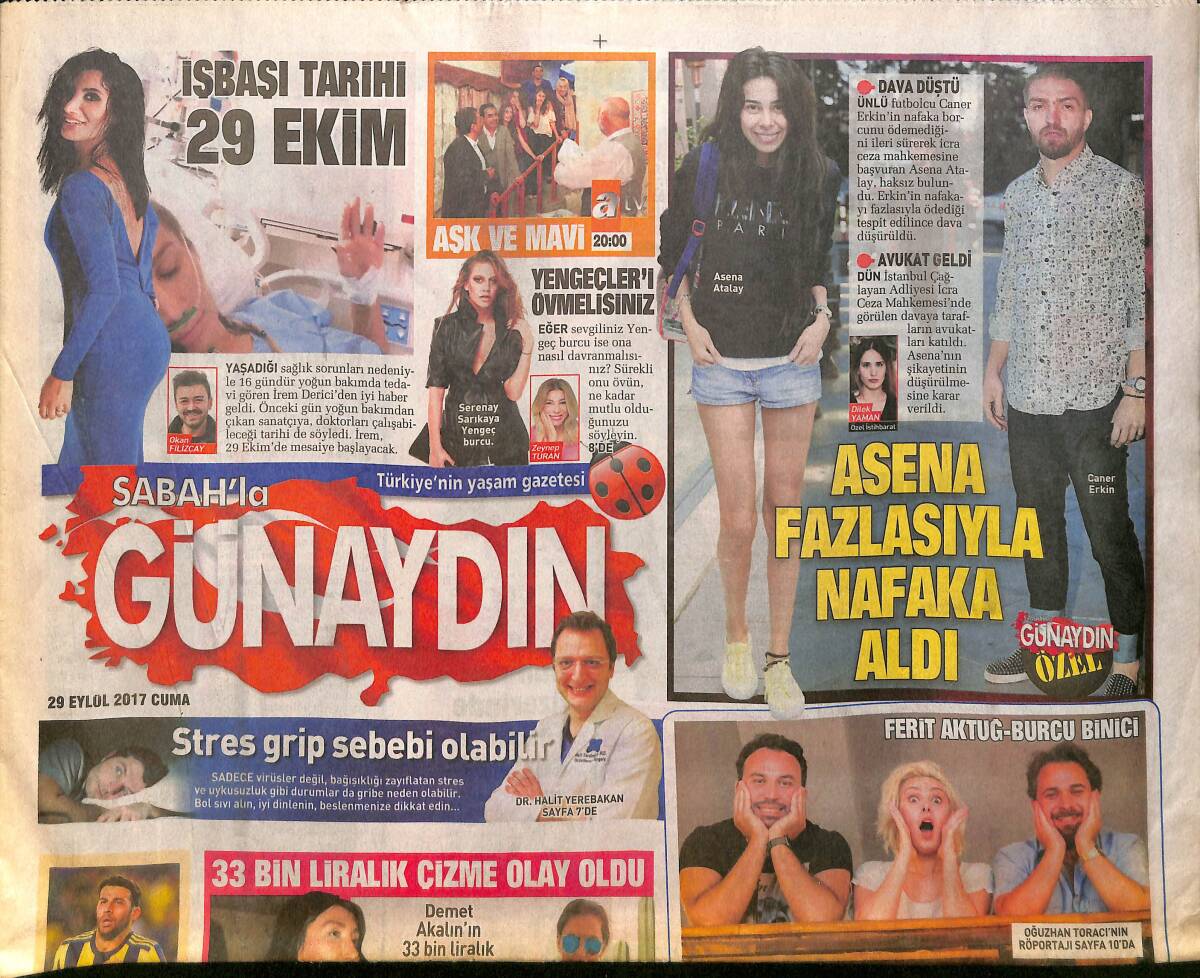 Sabah Gazetesi Günaydın Eki 29 Eylül 2017 - Asena Atalay,Caner Erkin'den Fazlasıyla Nafaka Aldı-C.Ronaldo'nun Oğlu Canlı Yayında Beşiktaş İlk 11 Saydı GZ154190 - 1