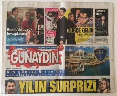 Sabah Gazetesi Günaydın Eki 5 Şubat 2015 - Yılın Sürprizi Sinem Kobal - Kenan İmirzalıoğlu İlişkisi GZ22947 - 1