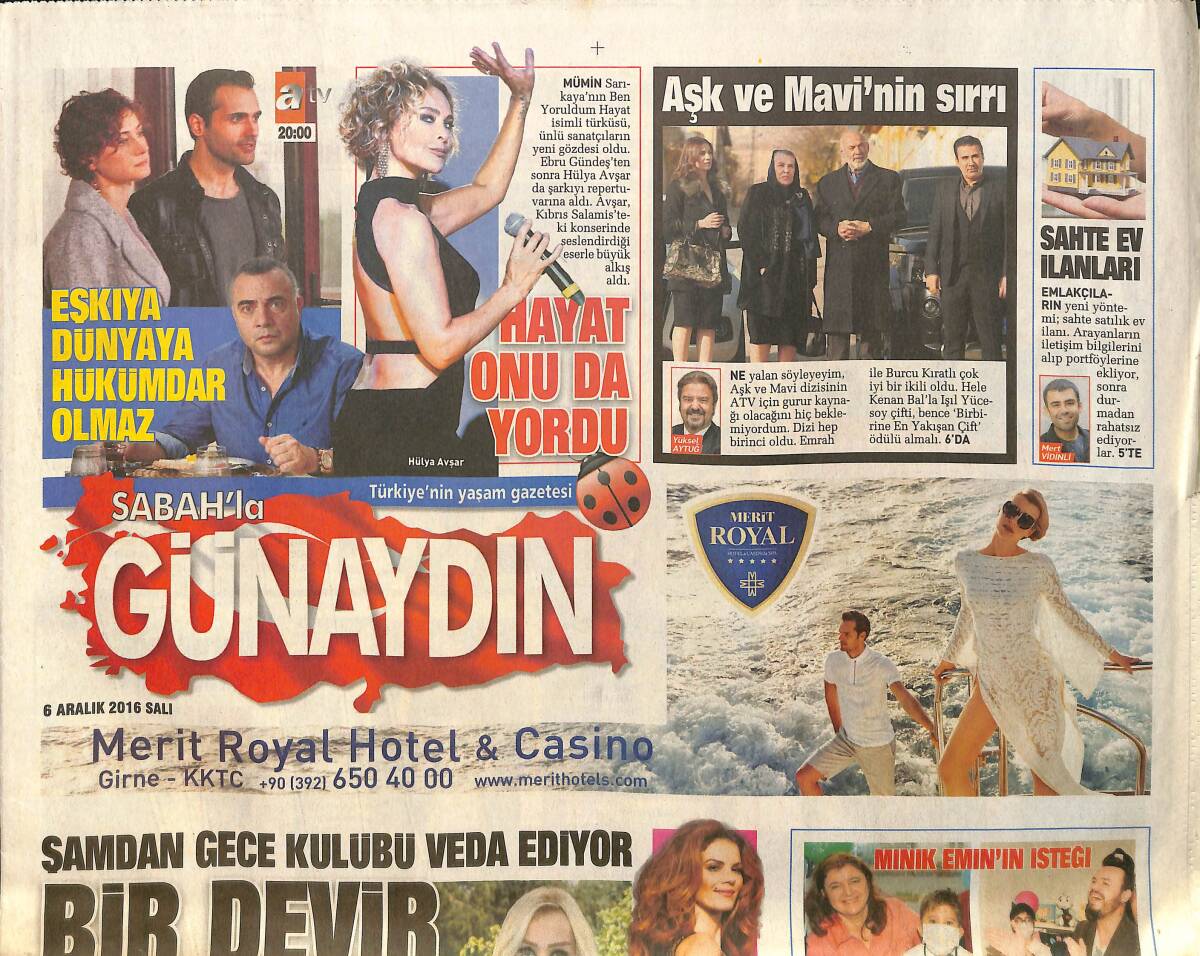 Sabah Gazetesi Günaydın Eki 6 Aralık 2016 - Hülya Avşar'dan Ben Yoruldum Hayat şarkısı - Mustafa Ceceli 7 Kilo Verdi GZ154170 - 1