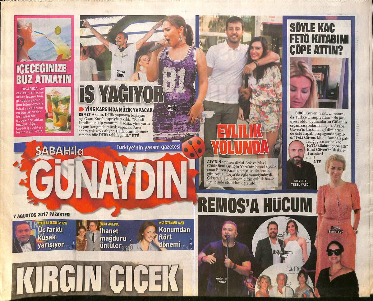 Sabah Gazetesi Günaydın Eki 7 Ağustos 2017 - Nükhet Durudan Küslük Esprisi - Gülşen'in Kaldığı Otelde Dayak Şoku GZ154188 - 1