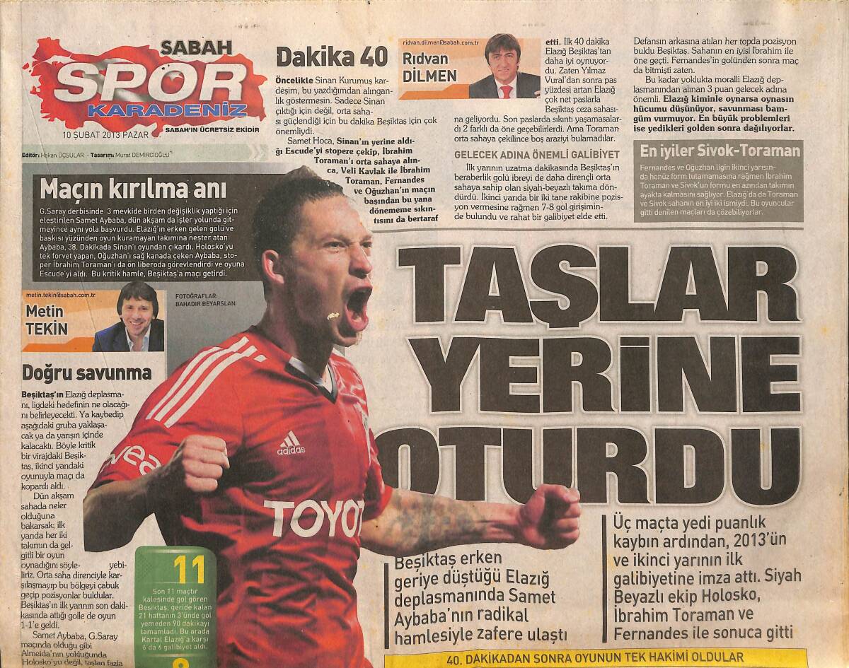Sabah Gazetesi Karadeniz Eki 10 Şubat 2013 - Takımın Yeni Abisi Tolunay Kafkas - Holosko'dan İlk Deplasman Golü GZ137262 - 1