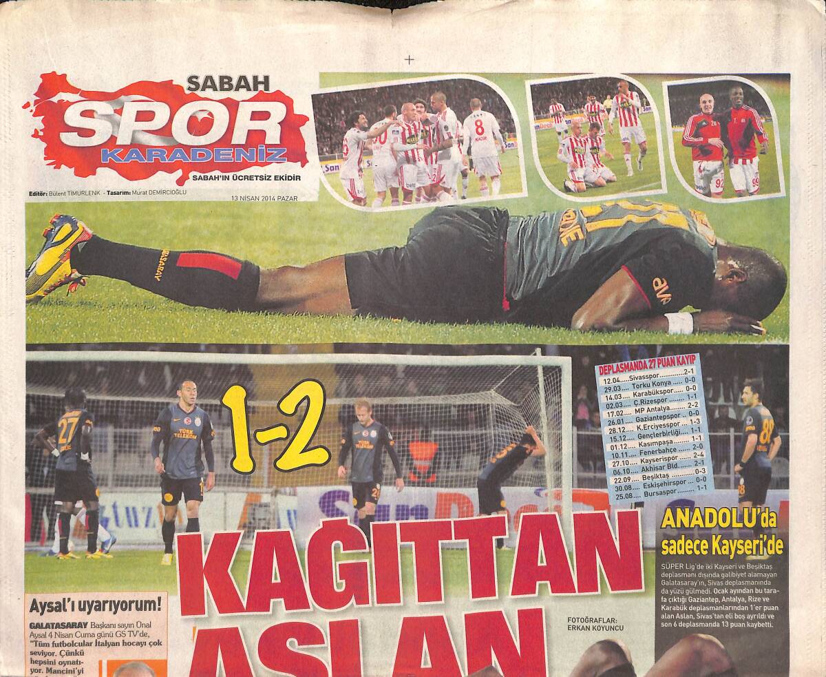 Sabah Gazetesi Karadeniz Spor Eki 13 Nisan 2014 - Muslera'dan Fahiş Hata - Trabzon Maçına Euroleague Engeli GZ134963 - 1