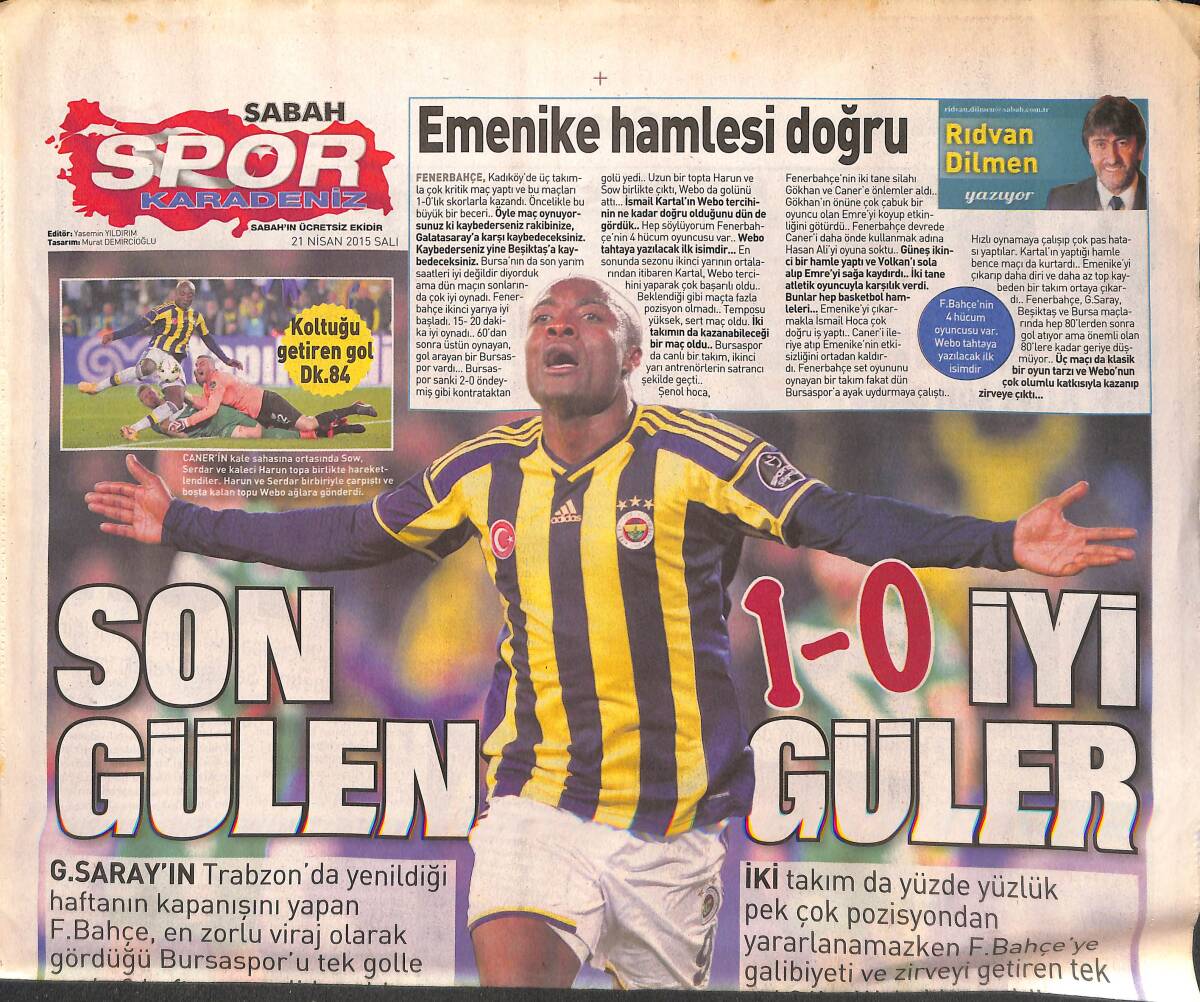 Sabah Gazetesi Karadeniz Spor Eki 21 Nisan 2015 - Webo'dan Sevgilerle GZ134915 - 1