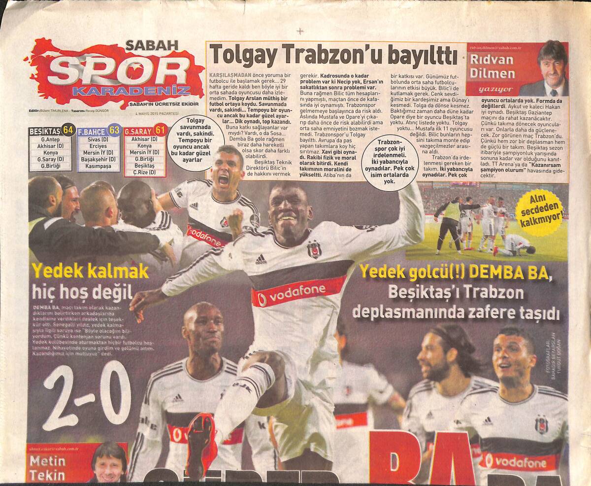 Sabah Gazetesi Karadeniz Spor Eki 4 Mayıs 2015 - Tolgay Trabzon'u Bayılttı - Bilic ' Şapka Çıkarıyorum ' GZ134952 - 1