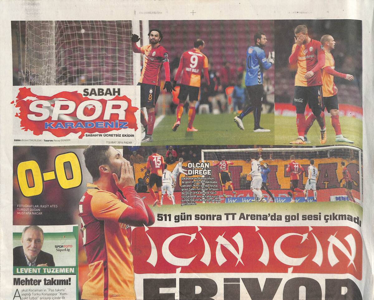Sabah Gazetesi Karadeniz Spor Eki 7 Şubat 2016 - 511 Gün Sonra TT Arena'da Gol Sesi Çıkmadı GZ134957 - 1