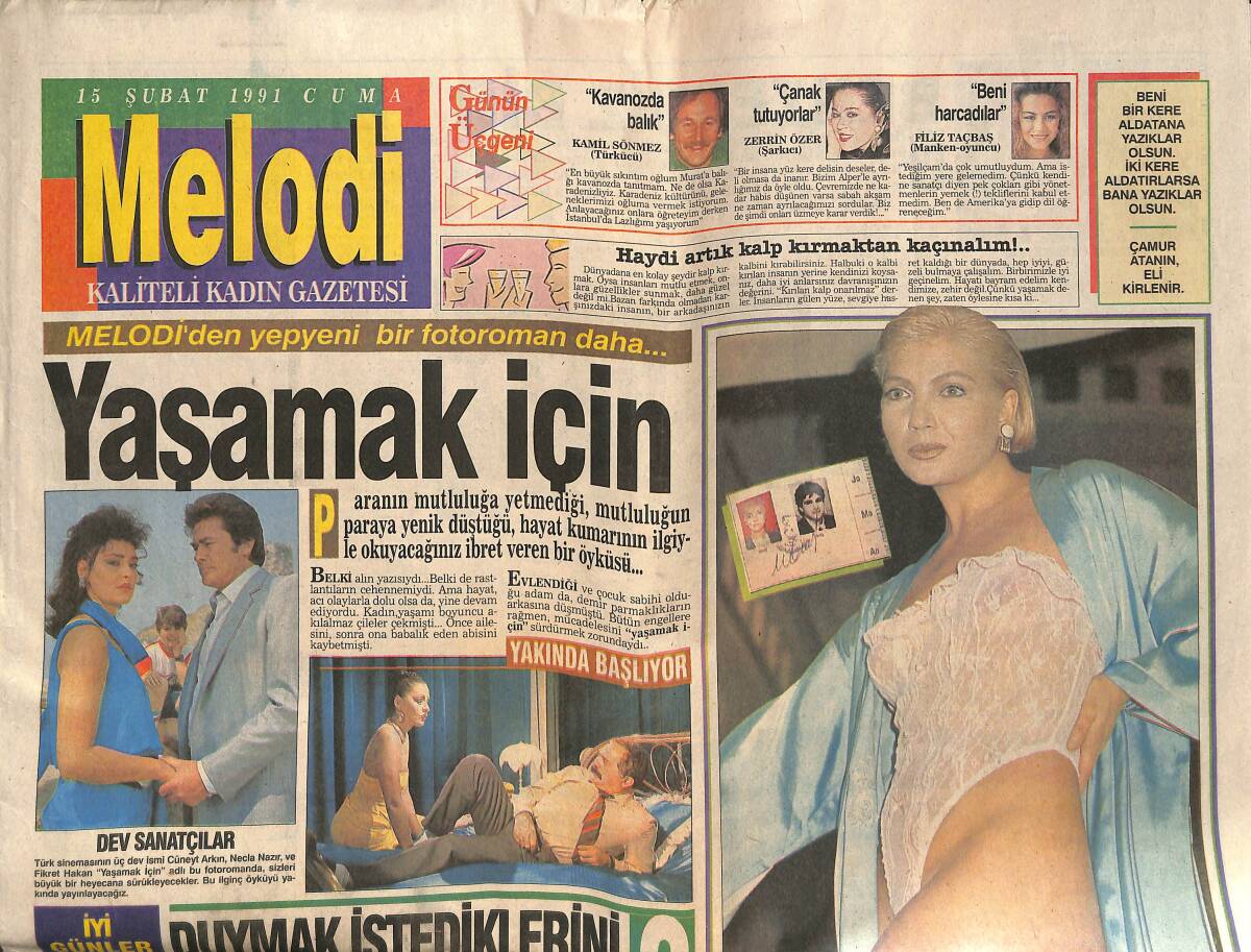 Sabah Gazetesi Melodi Eki 15 Şubat 1991 - Emel Sayın'dan Mini Konser - Dev Sanatçılar - Cüneyt Arkın-Necla Nazır-Fikret Hakan GZ138209 - 1