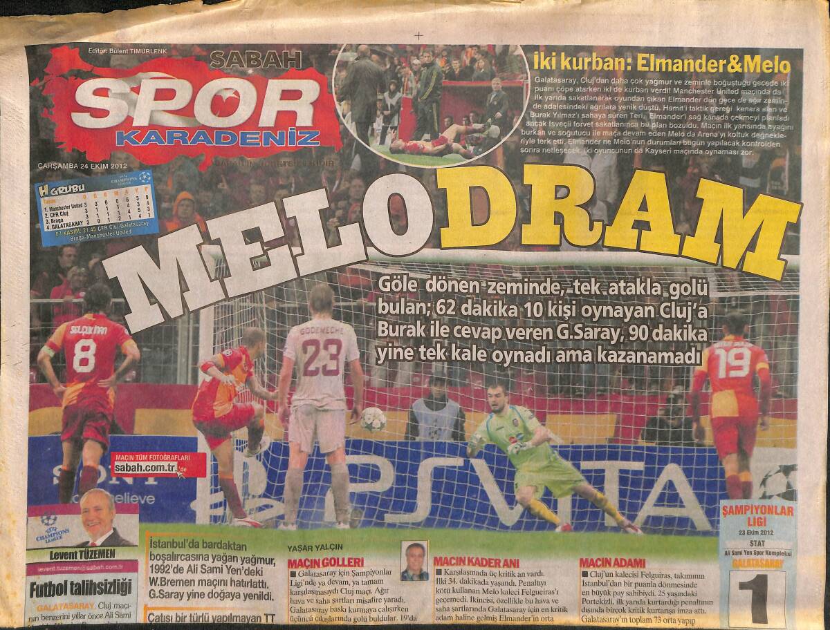 Sabah Gazetesi Spor Eki 24 Ekim 2012 - Kral Burak Yılmaz Cluj Kalesini Yıktı - Melo Dram GZ153845 - 1