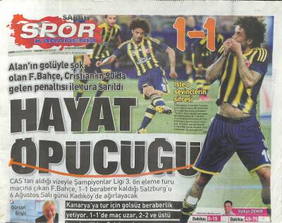 Sabah Gazetesi Spor Karadeniz Eki 1 Ağustos 2013 - Alanın Golüyle Şok Olan F.Bahçe , Cristianın 90da Gelen Penaltısı İle Tura Sarıldı GZ124993 - 1