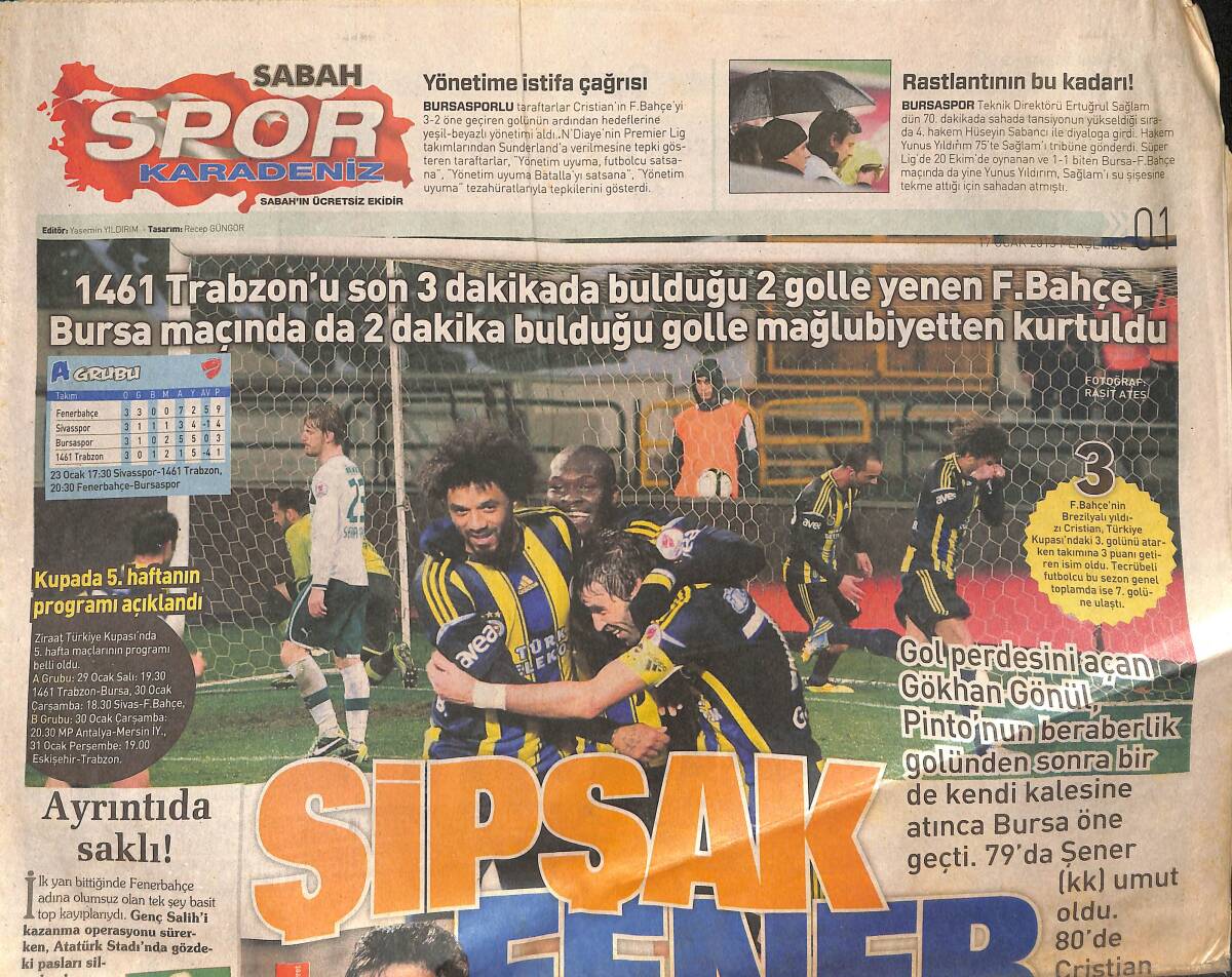 Sabah Gazetesi Spor Karadeniz Eki 17 Ocak 2013 - Şipşak Fener - Su Uyur Emerson Uyumaz! - Sabrın Sonu Cech GZ135709 - 1