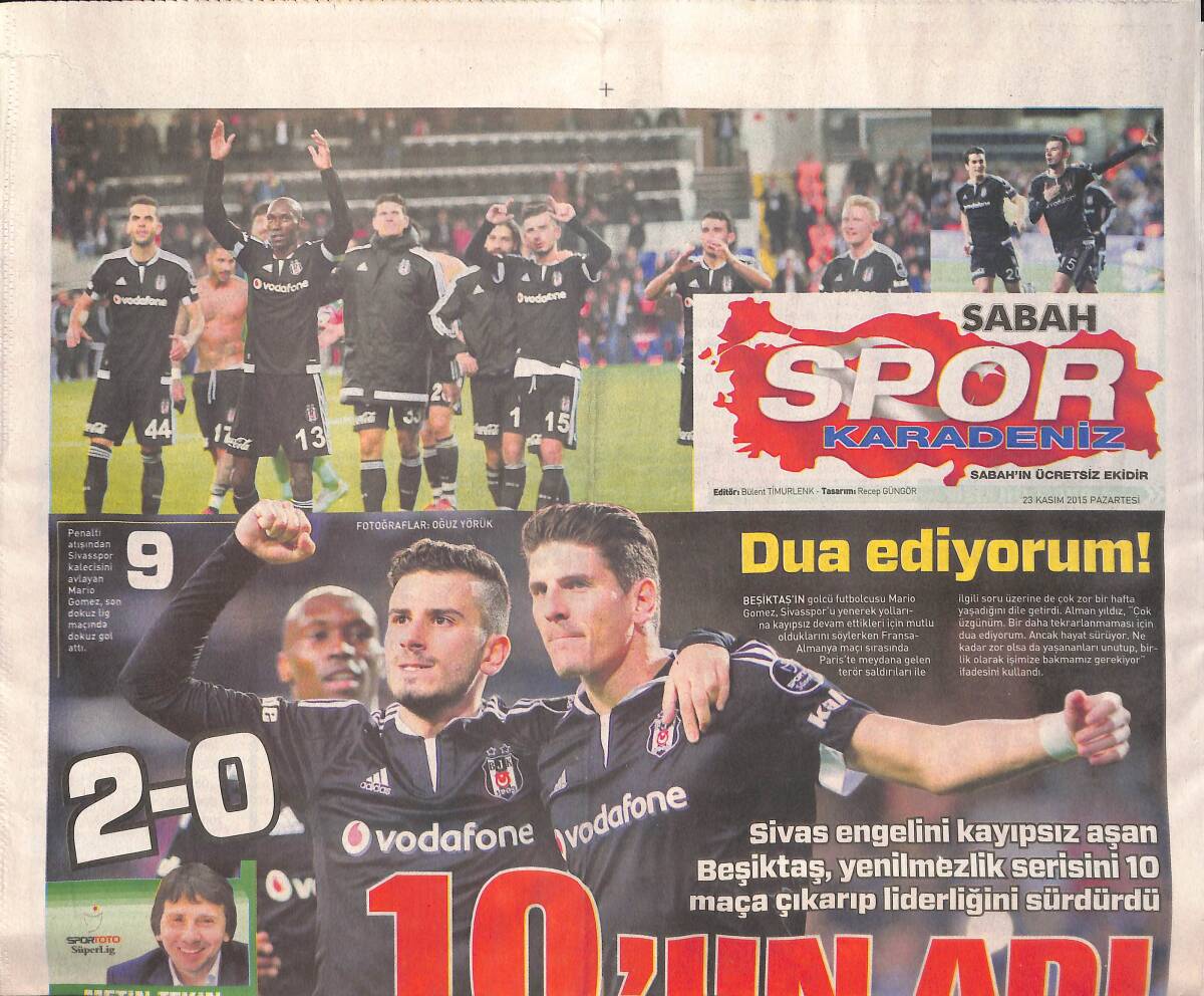 Sabah Gazetesi Spor Karadeniz Eki 23 Kasım 2015 - Mario Gomez: Dua Ediyorum! - Atiba'ya Helal Olsun - Penaltı Gerilimi GZ135726 - 1