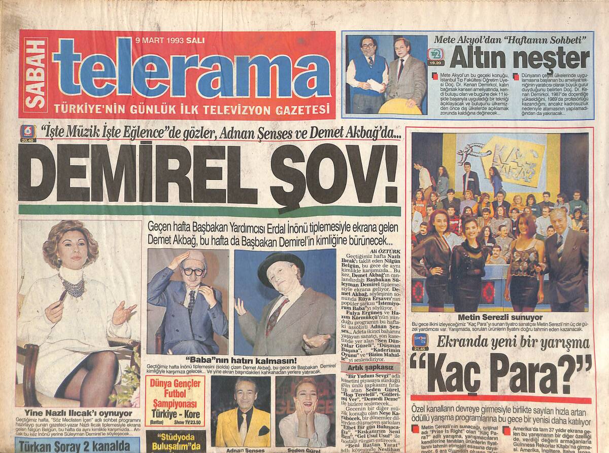 Sabah Gazetesi Telerama Eki 9 Mart 1993 - Türkan Şoray'dan İki Film - Barış Manço, Tam 10 Haftadır Para Almıyor! GZ145766 - 1