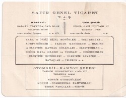 Safir Genel Ticaret T.A.Ş.İSTANBUL Şube İzmir.Kara ve Deniz Motorları-Tulumbalar-Komperesösörler-Soğuk Hava Makinaları-Elektirik Motörleri vs -Otomobil ve Kamyon Moris Otomobilleri iş yeri Kartvizit - Gökçekoleksiyon