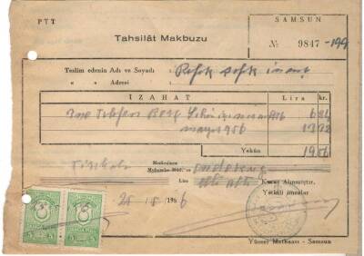 Samsun PTT 1957 Yılı Tahsilat Makbuzu EFM508 - 1