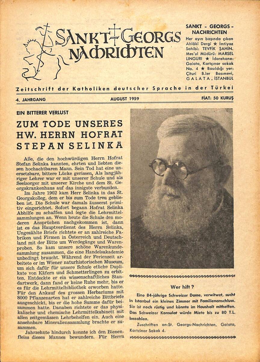Sankt Georgs Nachrichten – August 1959 – Zum Tode Unseres HW. Herrn Hofrat Stepan Sekinka NDR100718 - 1