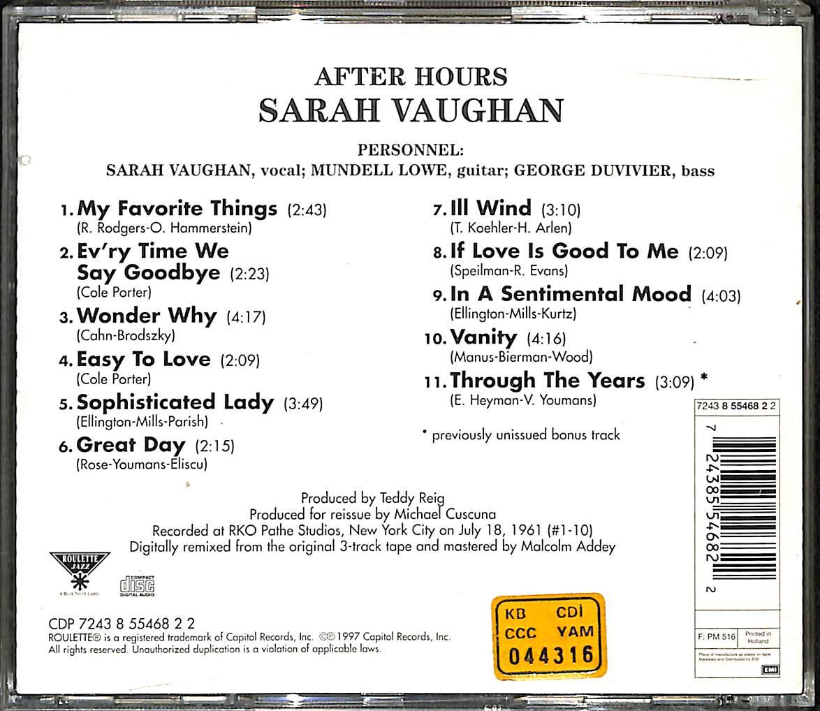 Sarah Vaughan - After Hours CD (İkinci El) CD4644 - 2