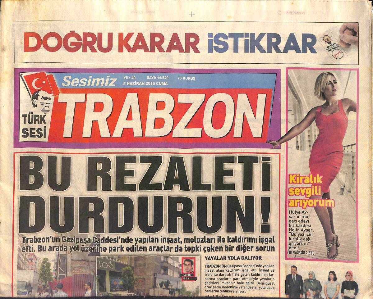 Sesimiz Trabzon Gazetesi 5 Haziran 2015 - Helin Avşar: Kiralık Aşk Arıyorum - City'den Gökhan Töre'ye Kanca GZ154922 - 1