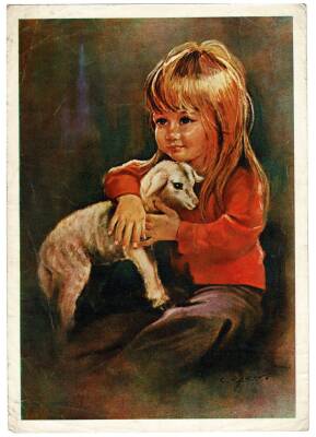 Sevimli Kız ve Kuzu Büyük Boy Kartpostal KRT9078 - 1