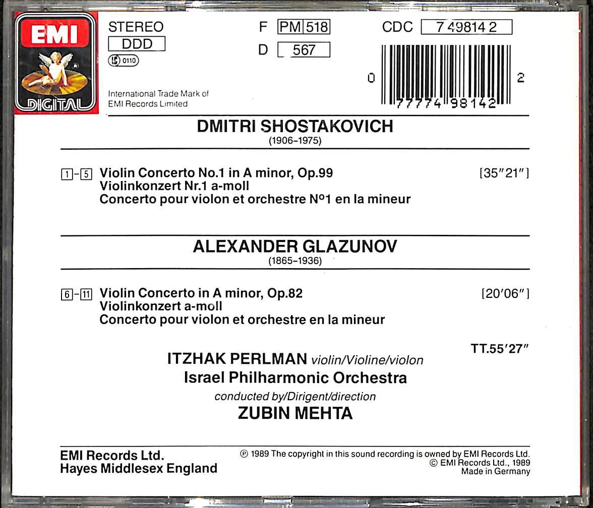 Shostakovich & Glazunov – Violin Concertos – Perlman & Mehta (İkinci El) CD5203 - 2