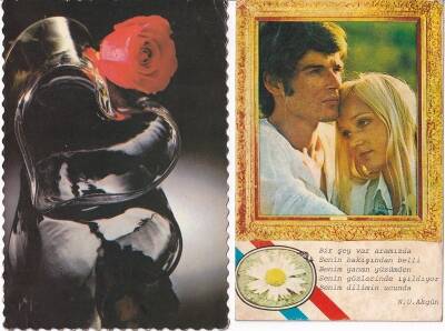 Şiirli Kalp Kırmızı Gül 2li Kartpostal KRT10387 - 1
