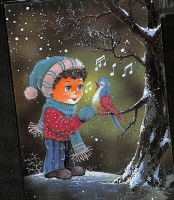 Simli Çocuk Ve Kuş Kartpostal - 1970-1980s glittery postcard KRT17975 - 1
