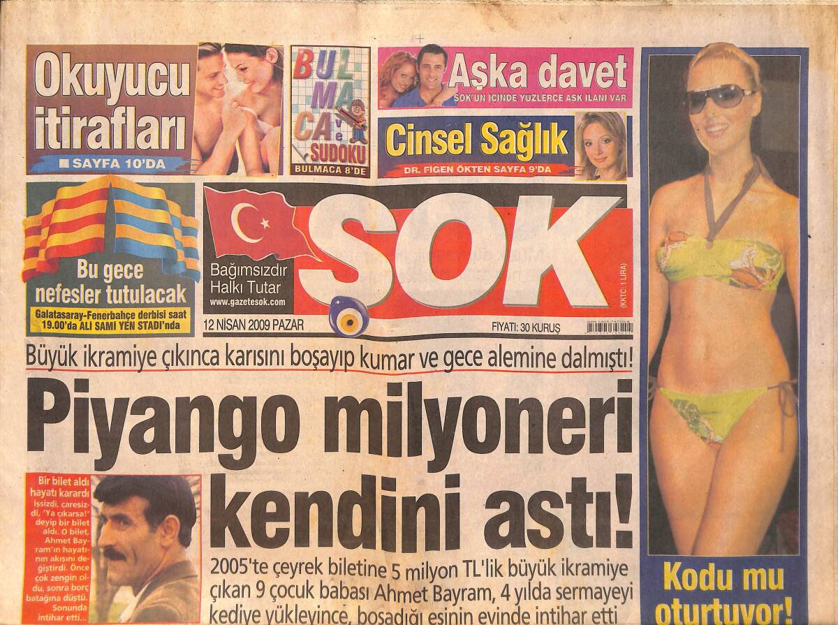 Şok Gazetesi 12 Nisan 2009 - Piyango Milyoneri Ahmet Bayram İntihar Etti - Hakeme Eşcinsel Diyen Polise Denetim Cezası GZ158481 - 1