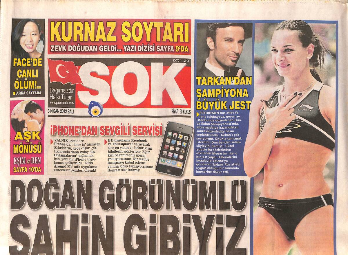 Şok Gazetesi 3 Nisan 2012 - Megastar Tarkan Rus Sporcuya Albümlerini İmzalayarak Hediye Etti - Kıvanç Tatlıtuğ Orta Doğunun Brad Pitt'i GZ158539 - 1