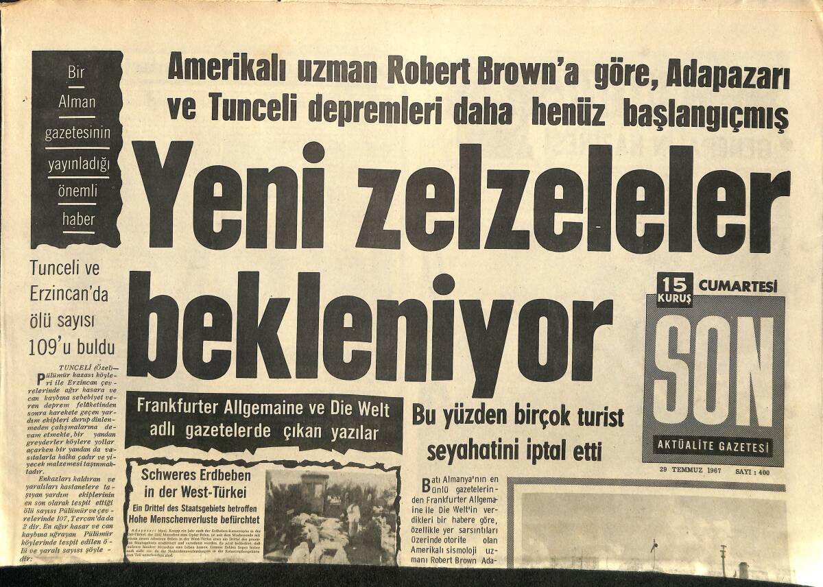 Son Aktüalite Cumartesi Eki 29 Temmuz 1967 - Yeni Zelzeleler Bekleniyor GZ158046 - 1