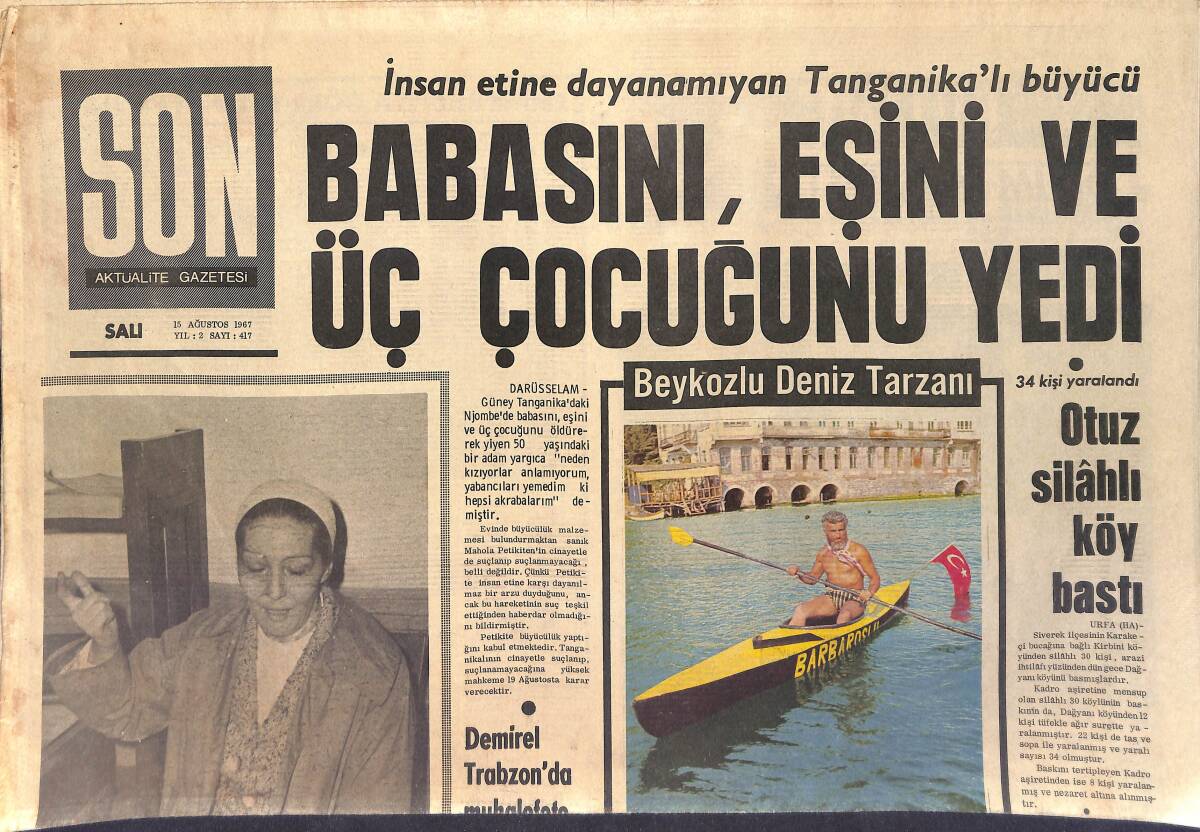 Son Aktüalite Gazetesi 15 Ağustos 1967 - Demirel Trabzon'da Muhalefete Çattı - Beykozlu Deniz Tarzanı GZ156549 - 1