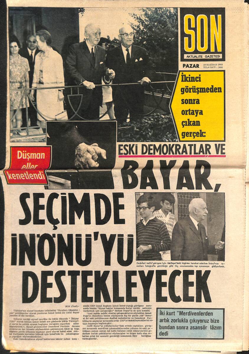 Son Aktüalite Gazetesi 20 Haziran 1969 - Bayar Seçimde İnönü'yü Destekleyecek - Brigitte Bardot Çöktü - Türkiye Güzeli Amerika Yolunda GZ140984 - 1