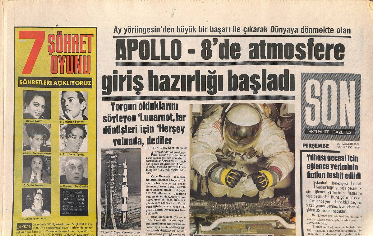 Son Aktüalite Gazetesi 26 Aralık 1968 - Apollo-8'de Atmosfere Giriş Hazırlığı Başladı - İtalyan Amiralinin Kızı Çıplak Pozlar Verince Babası Çok Kızdı GZ156791 - 1