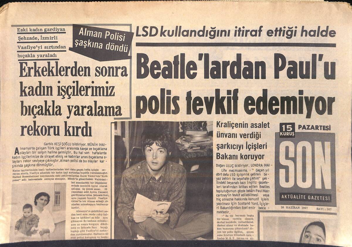 Son Aktüalite Gazetesi 26 Haziran 1967 - Beatle'lardan Paul'u Polis Tevkif Edemiyor - Ordu'lu Mustafa 1967'de Tekrar Kırkpınar Başpehlivanı GZ156431 - 1