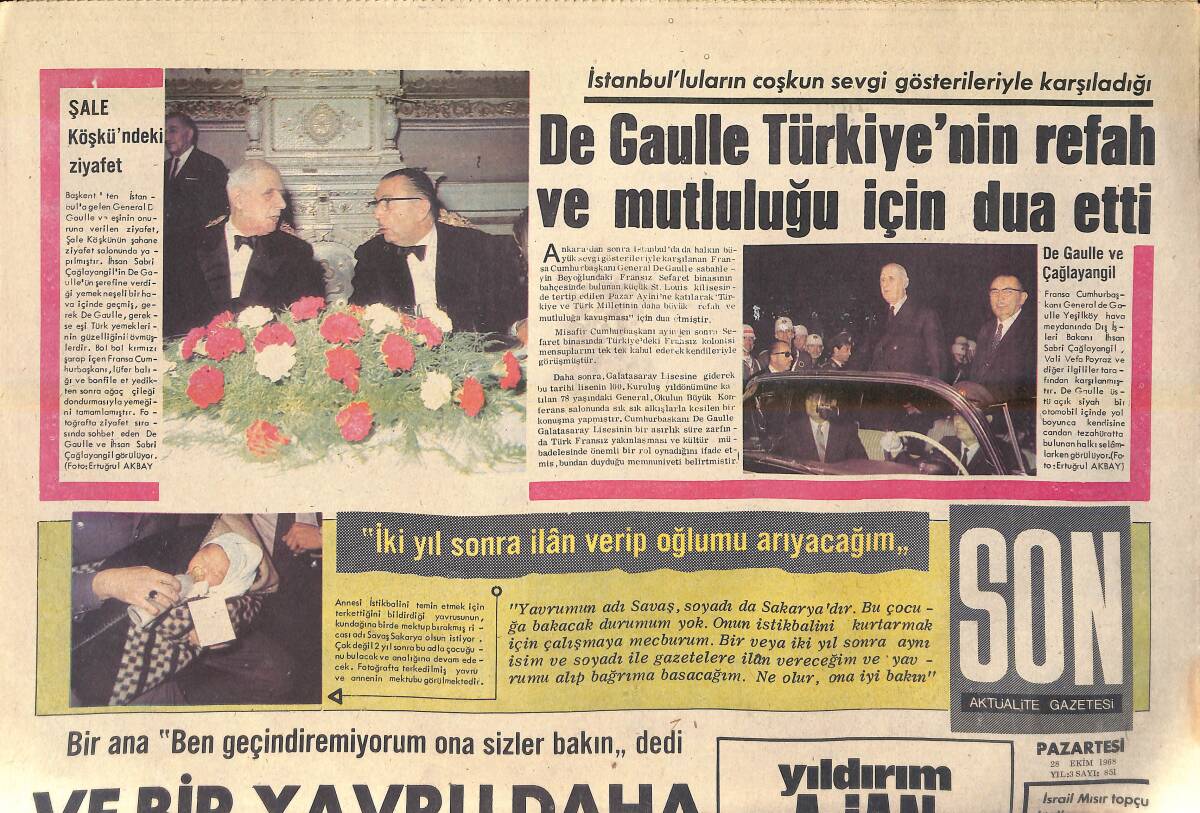 Son Aktüalite Gazetesi 28 Ekim 1968 - De Gaulle Türkiye'nin Refah Ve Mutluluğu İçin Dua Etti - Barbara Hutton Delirme Tehlikesiyle Karşı Karşıya GZ156497 - 1