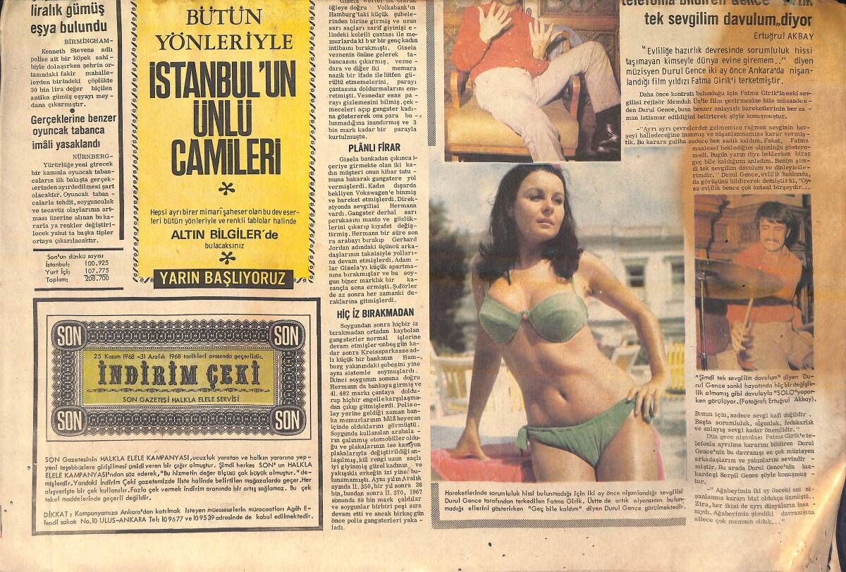 Son Aktüalite Gazetesi 6 Aralık 1968 - Durul Gence Fatoş'u Terk Etti - Brigitta Pretty Kenya'da Çevrilecek Türk Filminin Başrolünde GZ156534 - 2