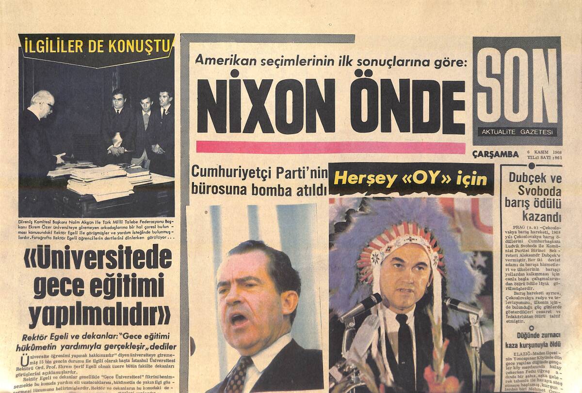 Son Aktüalite Gazetesi 6 Kasım 1968 - Amerikan Seçimlerinin İlk Sonuçlarına Göre Nixon Önde - Üç Maymun Kabare Tiyatrosu Oyuncuları GZ156492 - 1