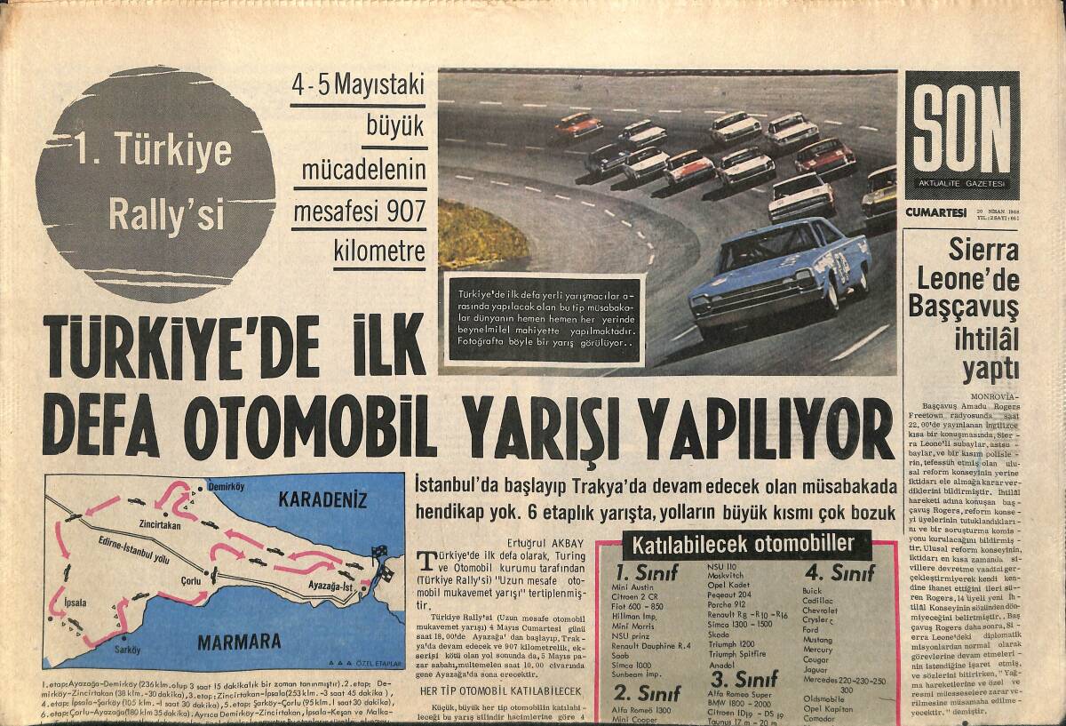 Son Aktüalite Gazetesi Cumartesi Eki 20 Nisan 1968 - Türkiye'de İlk Defa Otomobil Yarışı Yapılıyor GZ158030 - 1