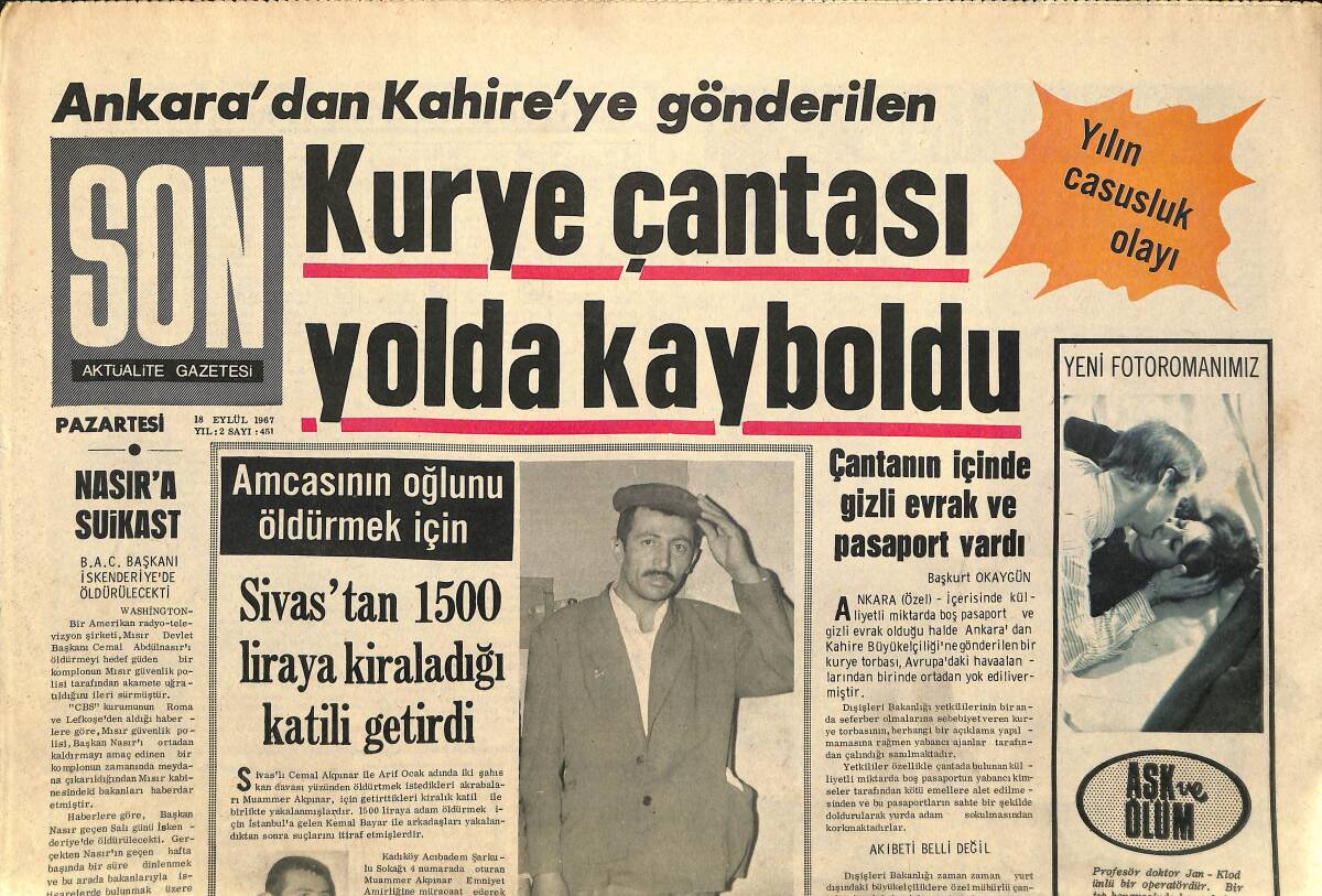 Son Aktüalite Gazetesi Pazartesi Eki 18 Eylül 1967 - Nasır'a Suikast GZ158071 - 1