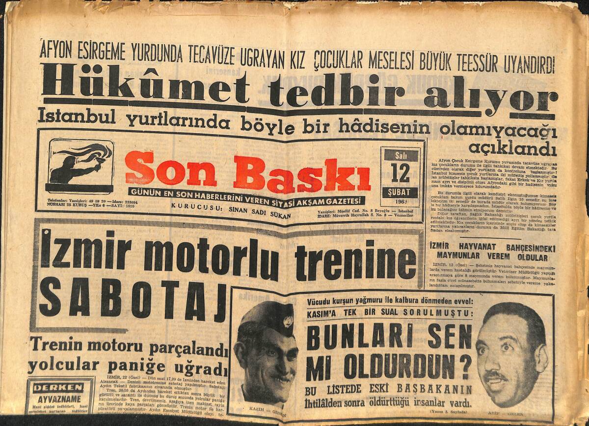Son Baskı Gazetesi 12 Şubat 1963 - İzmir Motorlu Trenine Sabotaj - Sofia Loren'in Gizli Hayatı GZ150002 - 1