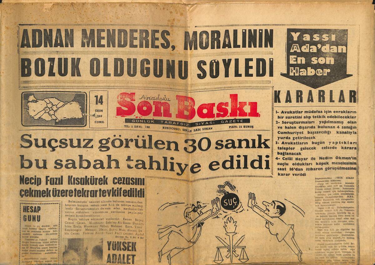 Son Baskı Gazetesi 14 Ekim 1960 - Adnan Menderes, Moralinin Bozuk Olduğunu Söyledi - Yassıada Duruşmalarını Takibe Gidenler Dolmabahçe Rıhtımında GZ149997 - 1