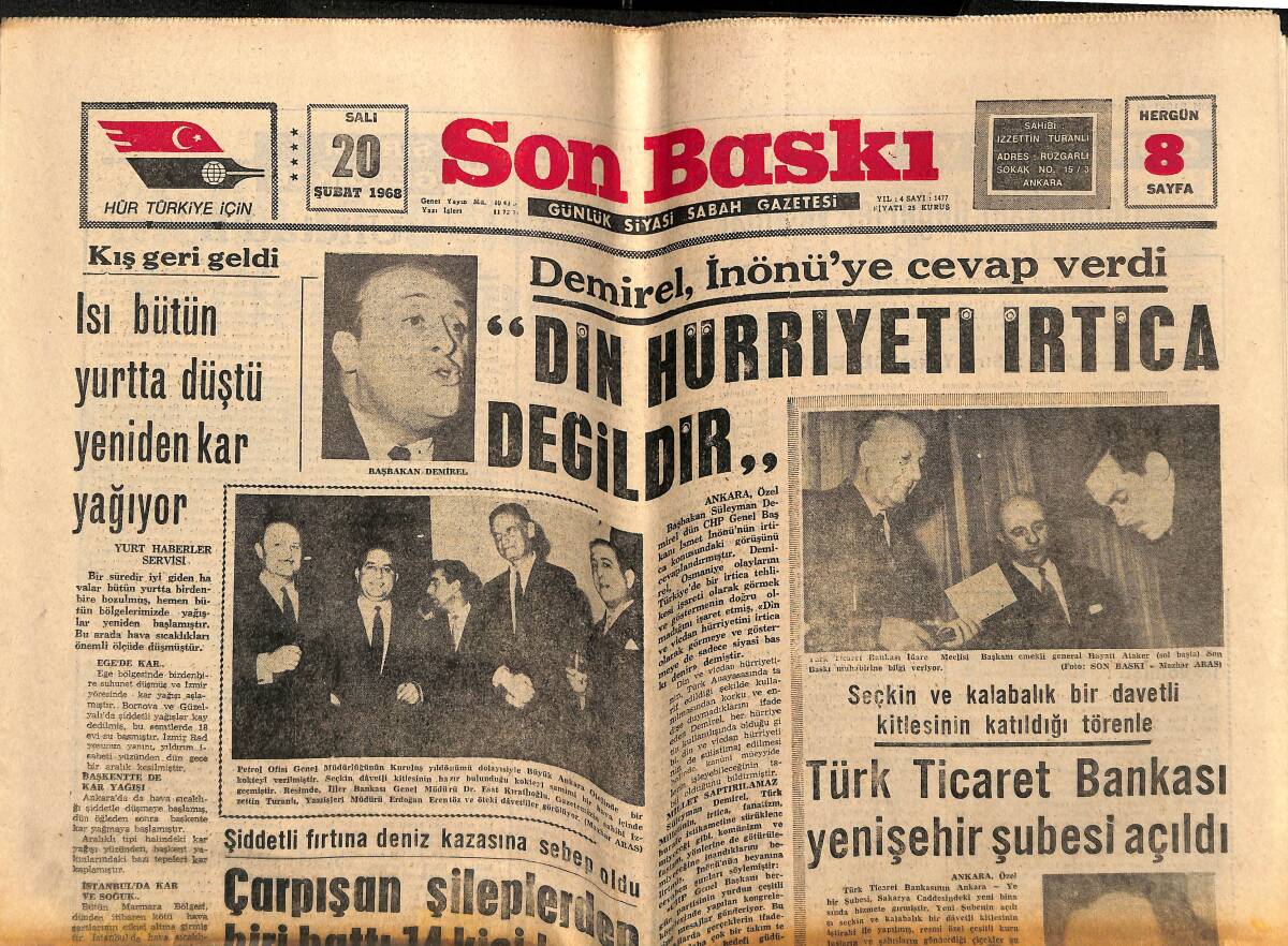 Son Baskı Gazetesi 20 Şubat 1968 - Türk Ticaret Bankası Yenişehir Şubesi Açıldı - Bütçe Görüşmesinde Spor Bakanlığı İstendi GZ148733 - 1